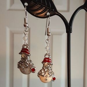 Hand Crafted Snowman Earrings White Red Christmas Winter Holiday Pierced